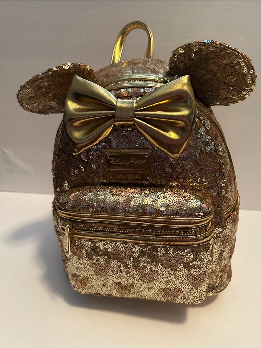 Loungefly Disney Parks Minnie Mouse Gold Sequin With Hidden Mickey Icons Mini Ba
